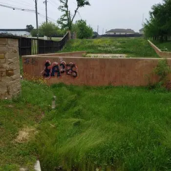 Concrete wall graffiti overgrown grass